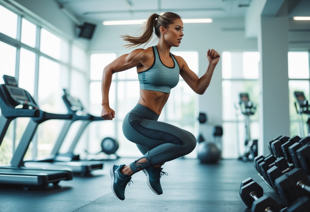 A fit young woman jumping during a cardio workout in a bright gym with exercise equipment in the background.