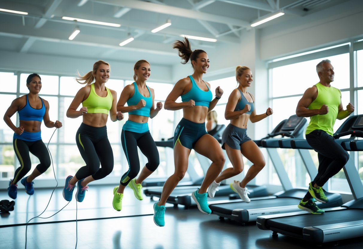 A group of fit adults performing various cardio exercises in a bright gym, including jumping rope and running on treadmills.