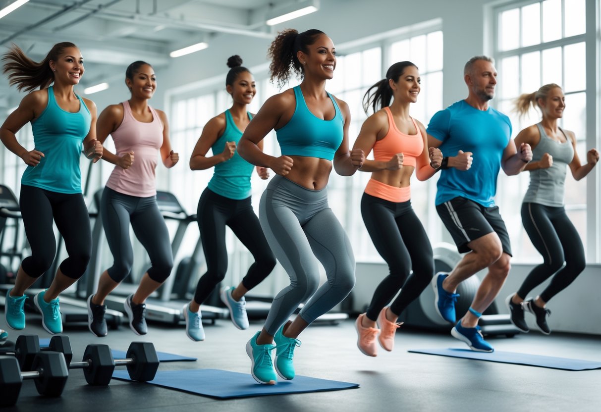 A group of diverse adults performing fast cardio exercises together in a bright gym.