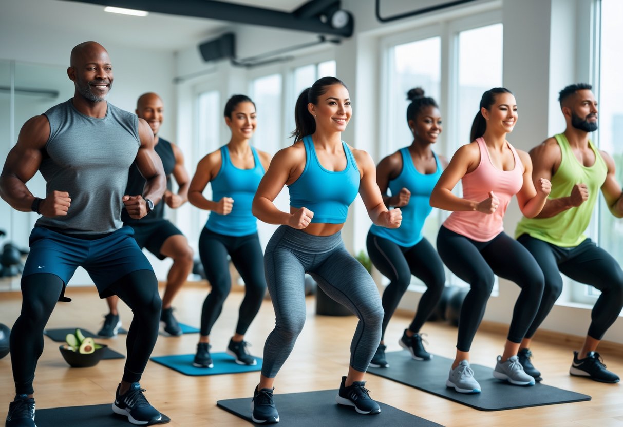 A group of diverse adults performing high-intensity interval training exercises in a bright gym with fitness equipment and keto-friendly snacks on a bench.