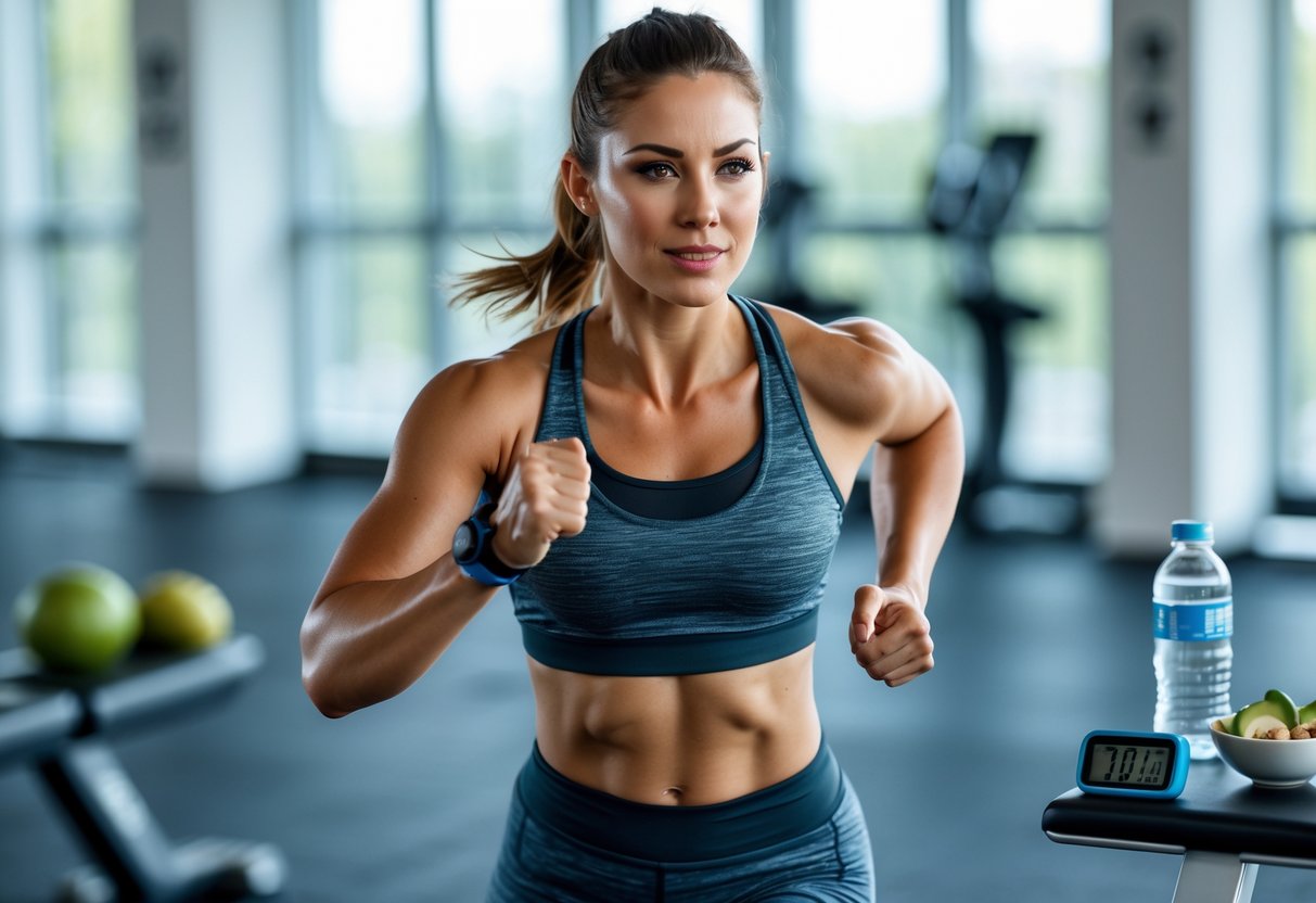 A young woman doing a high-intensity workout in a bright gym with a water bottle and keto-friendly snacks nearby.