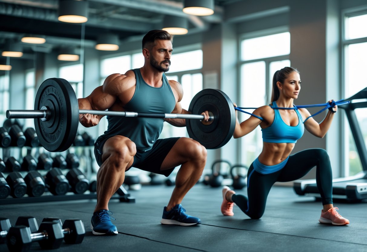 A man and woman working out in a gym, performing strength exercises with weights and resistance bands.