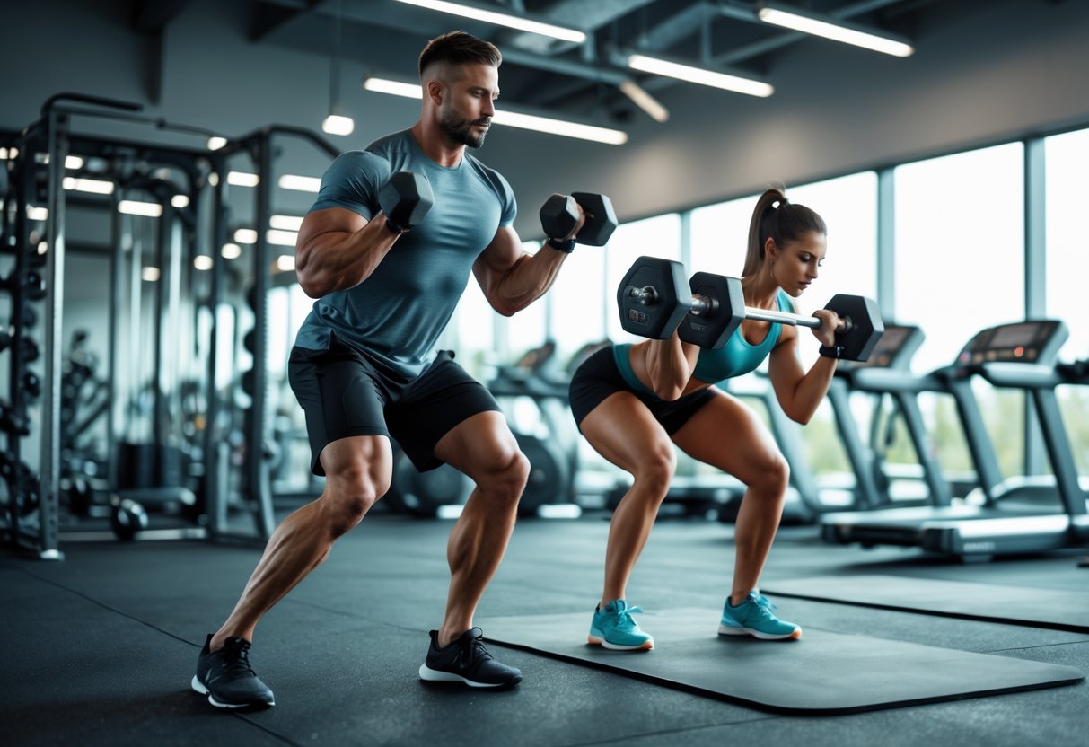 A man and woman exercising with weights in a gym, focused and energetic.