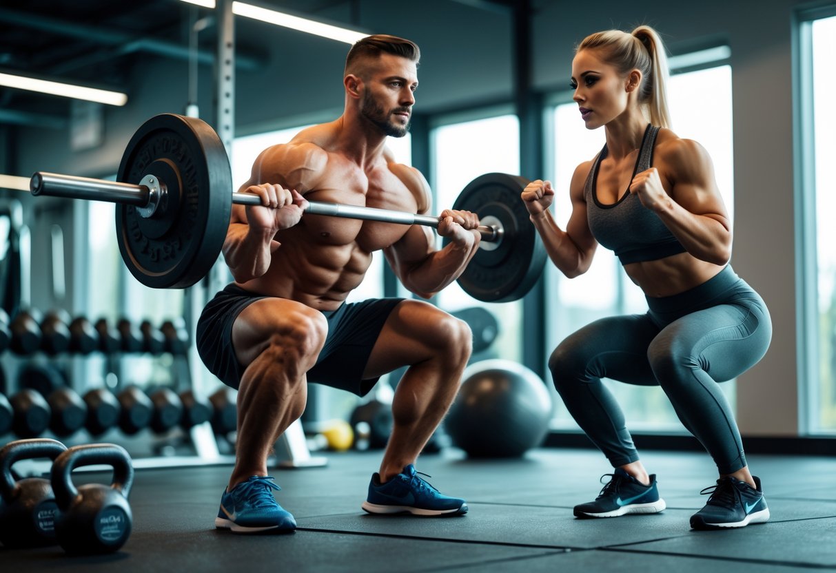 A fit man and woman exercising in a gym, performing strength and high-intensity workouts with gym equipment.