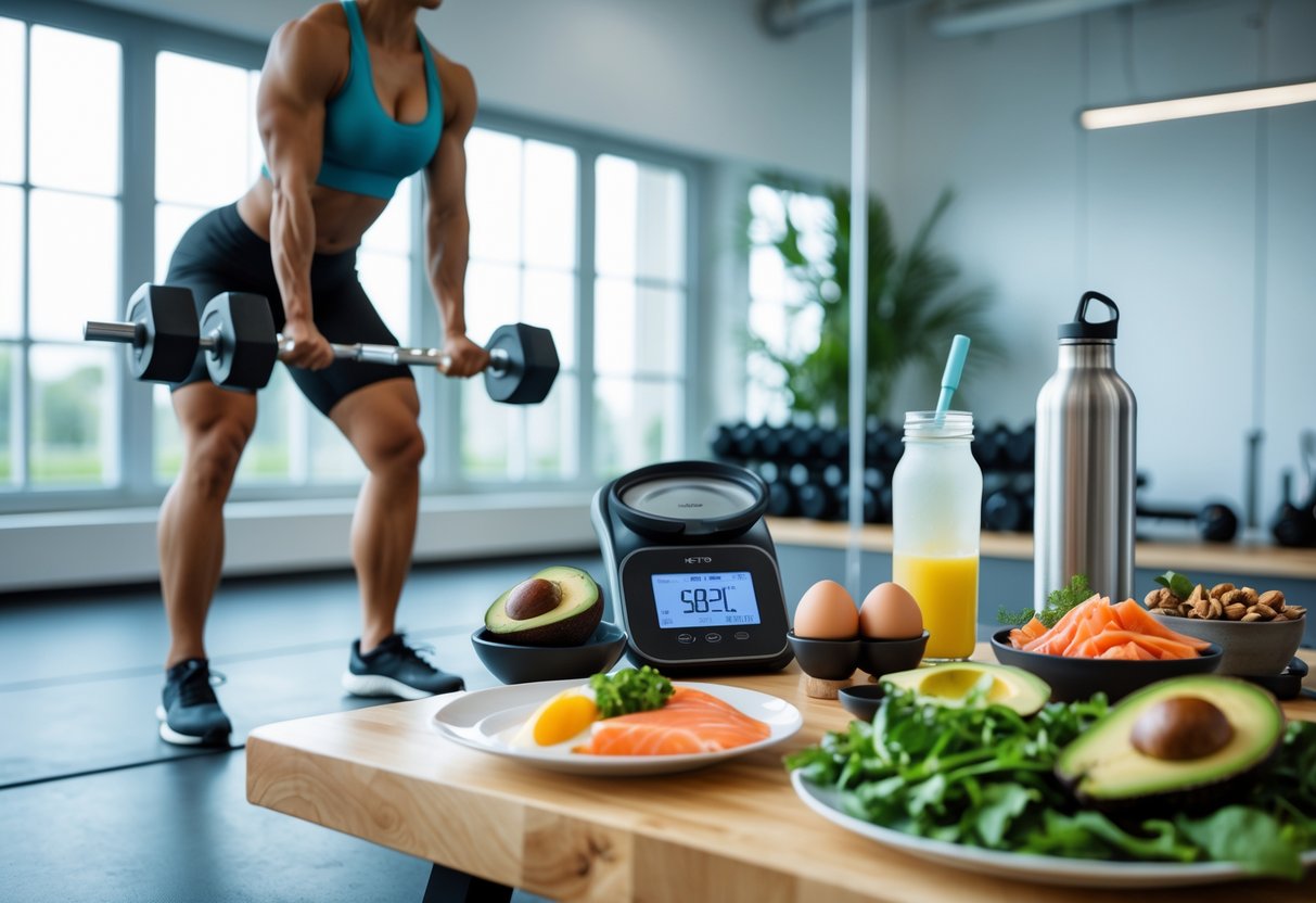 A fit person lifting dumbbells in a bright gym with keto-friendly foods and measuring tools arranged on a nearby table.