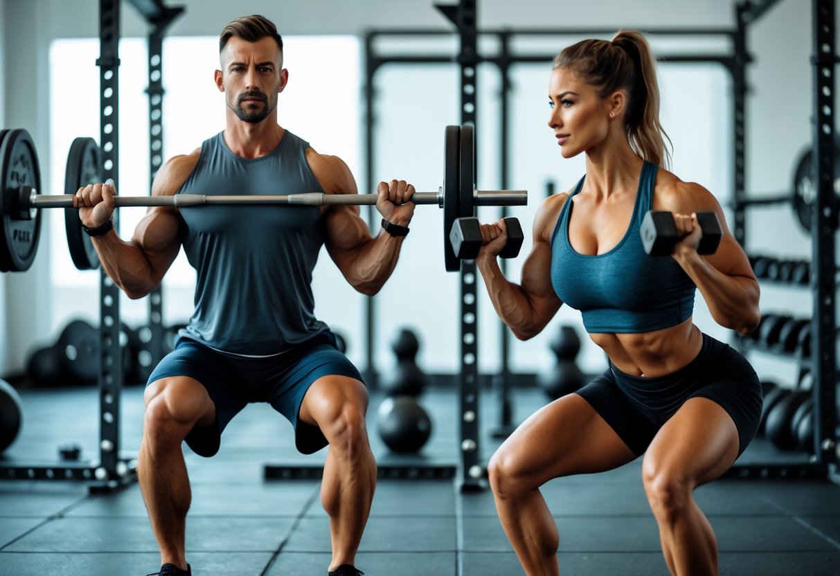 A man and a woman working out with weights in a gym, focusing on strength training for weight loss exercises.