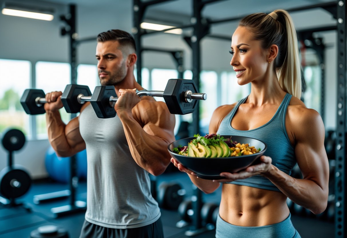 A fit man lifting dumbbells and a woman holding a bowl of keto-friendly food in a gym with workout equipment.
