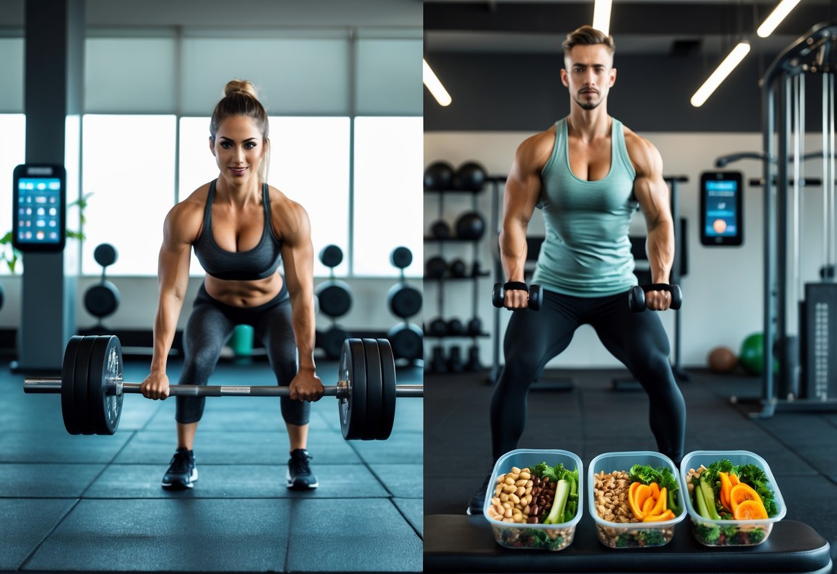 Two fit people exercising with weights and resistance bands in a gym with keto-friendly meals on a bench nearby.