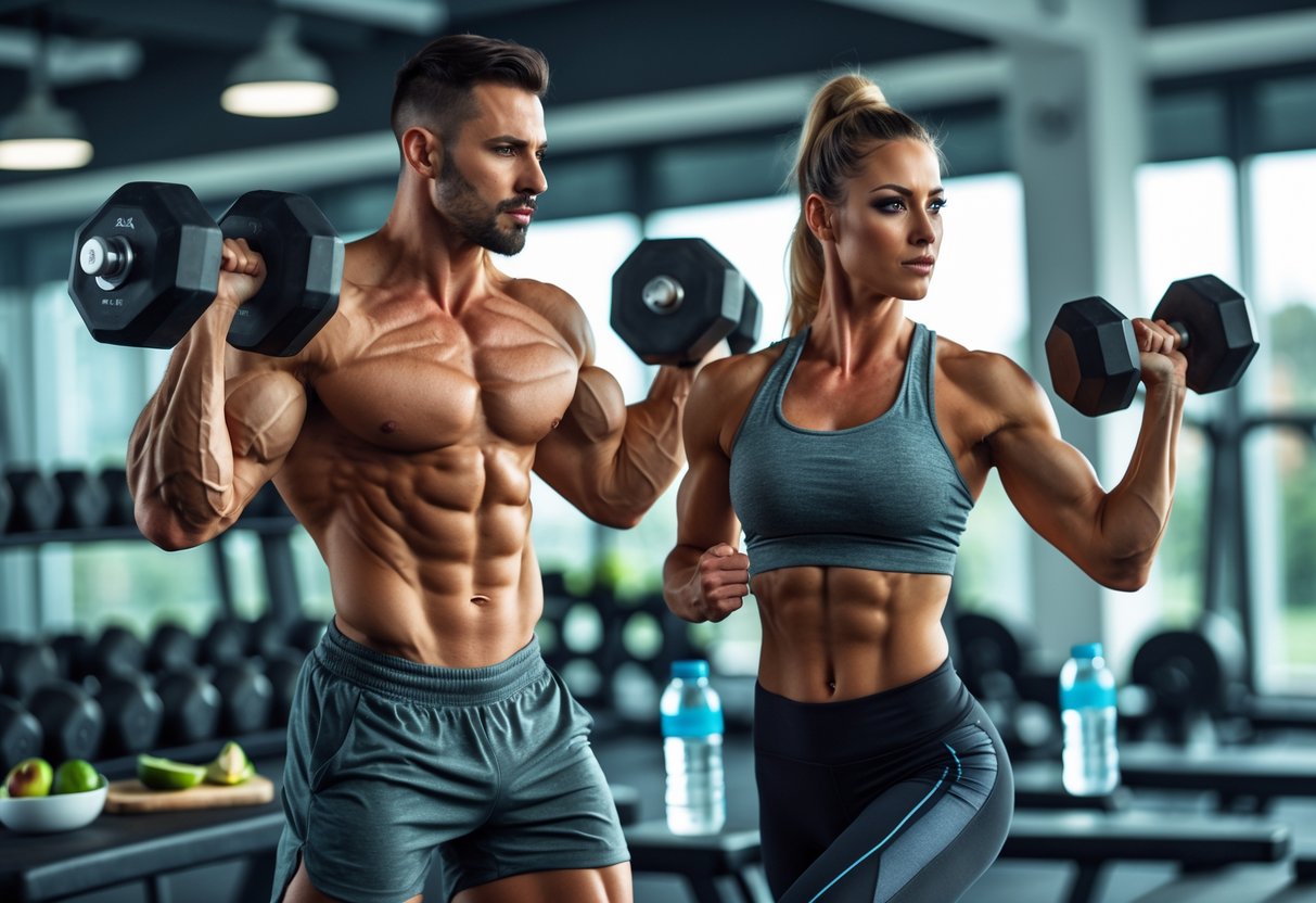 A man lifting dumbbells and a woman doing a high-intensity workout together in a gym with fitness equipment and healthy snacks nearby.