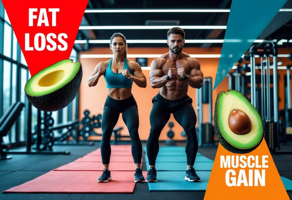 A fit male and female doing strength training in a modern gym with overlay graphics of keto-friendly foods (avocados, eggs, salmon). Background split into two sides labeled “Fat Loss” and “Muscle Gain.” Bright, high-energy lighting and a motivational tone.