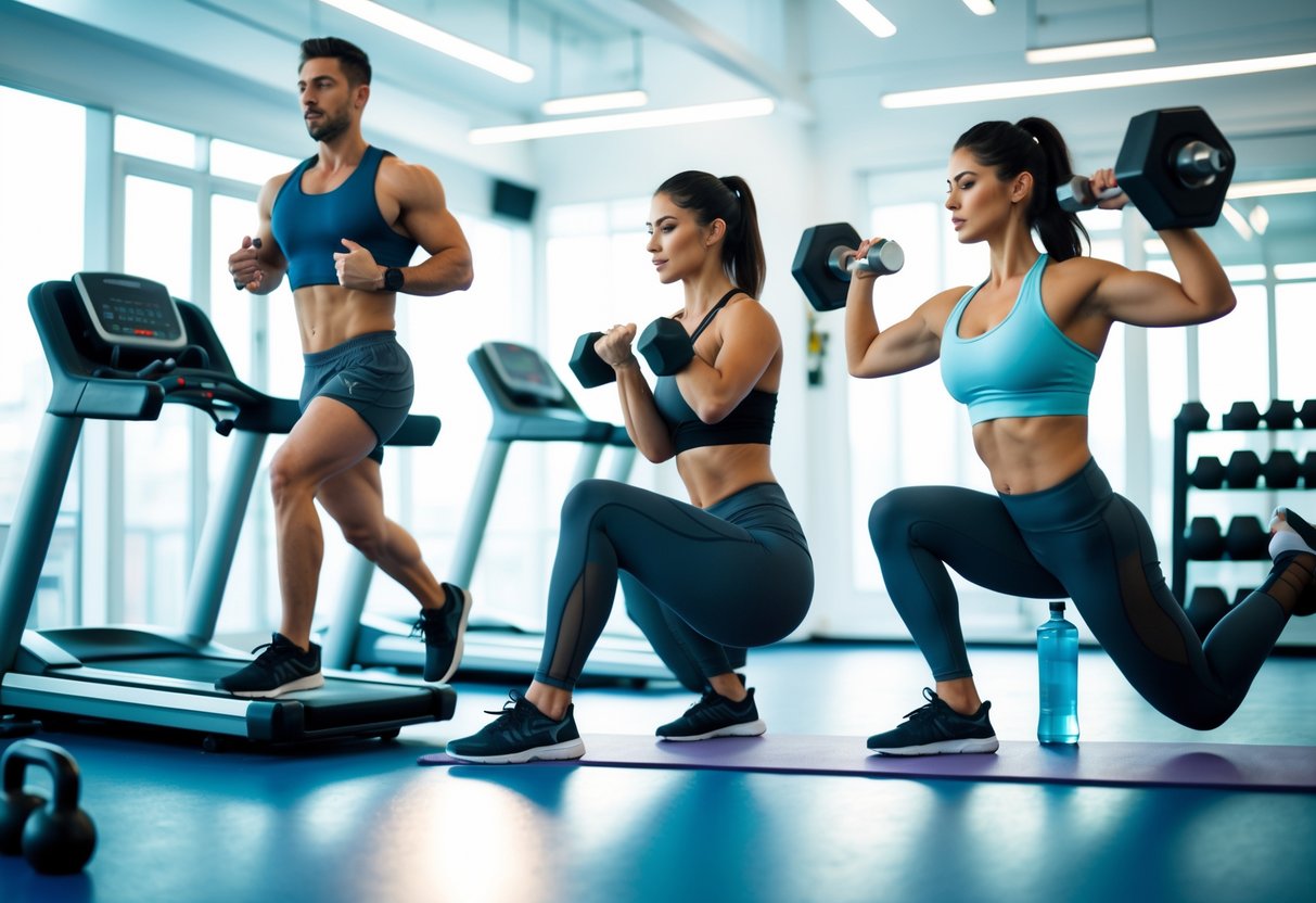 People exercising in a gym doing cardio, weightlifting, and stretching as part of a balanced workout routine.