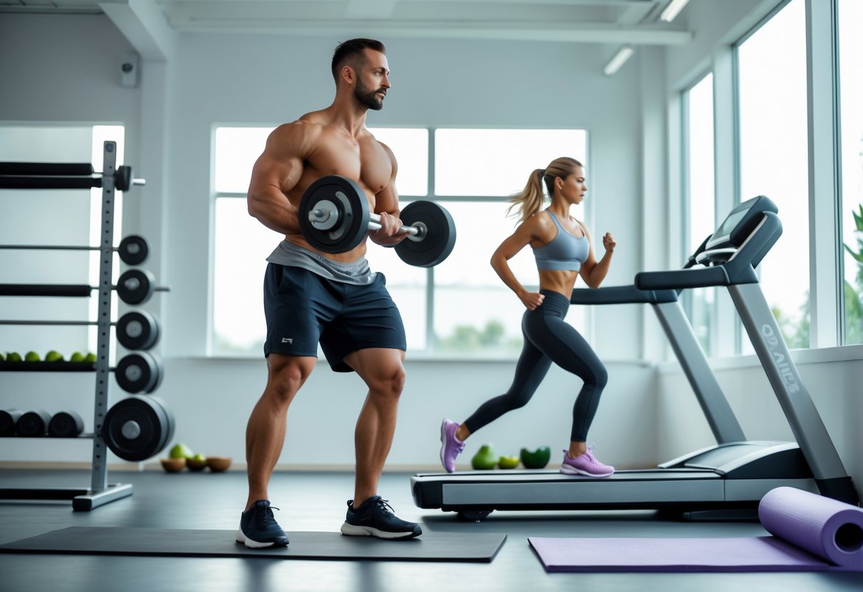 A man lifting dumbbells and a woman running on a treadmill in a bright gym with yoga mat and foam roller nearby, illustrating a balanced workout plan.