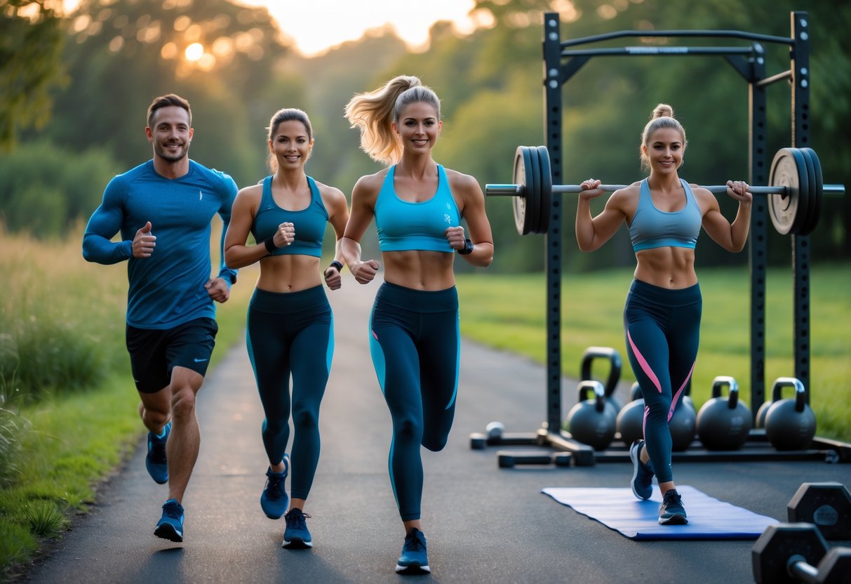 A group of athletes running outdoors, lifting weights in a gym, and stretching in a park, demonstrating a balanced workout routine.