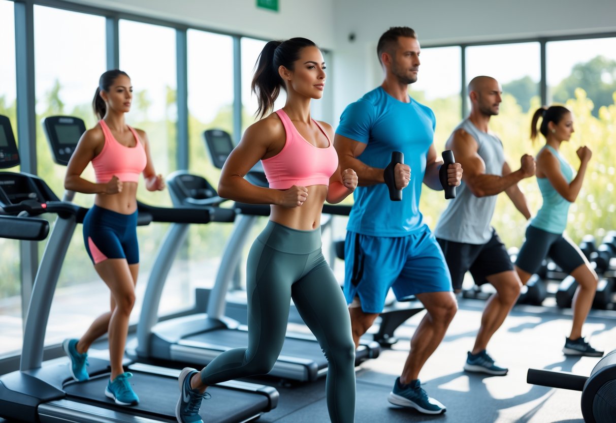 People exercising in a gym doing cardio, weightlifting, and stretching to show a balanced workout routine.