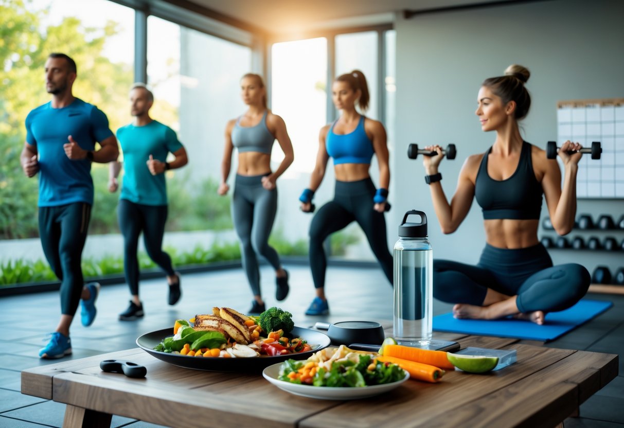 A group of adults exercising with jogging, weightlifting, and yoga, alongside a table with a ketogenic meal and fitness accessories.