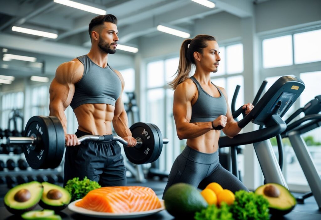 A male and female doing strength training and cardio in a modern gym, surrounded by keto foods like avocado, eggs, and salmon. Bright lighting, fit and focused expressions, professional wellness vibe.