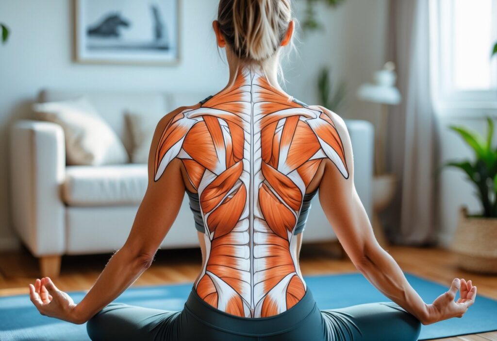 An illustrated diagram of human back muscles (lats, traps, rhomboids) overlayed with a person doing a yoga stretch like child’s pose or cat-cow on a mat in a home setting. Educational and clean visual style.