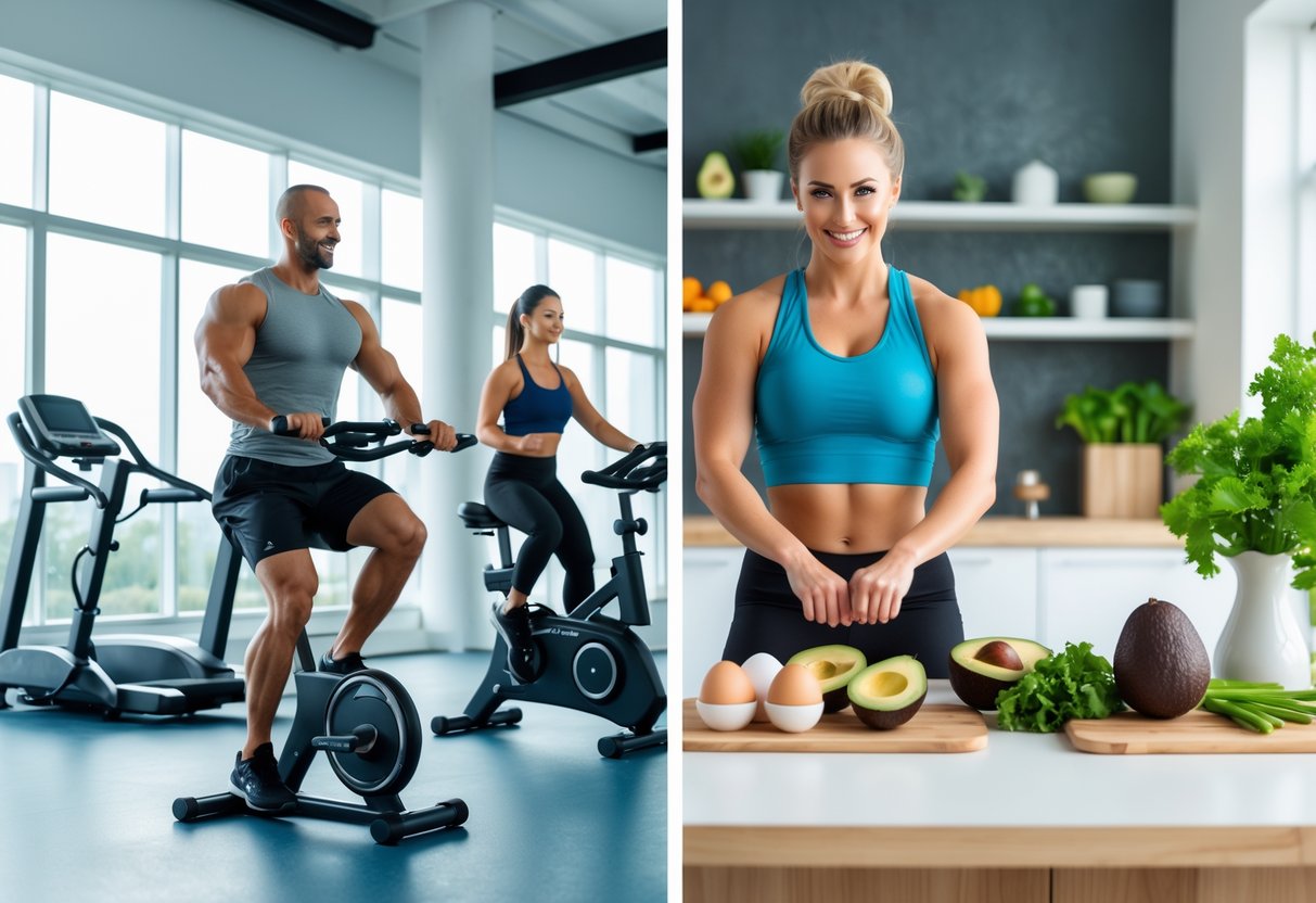 A man and woman exercising in a gym next to a kitchen counter with keto-friendly foods like avocados and eggs.
