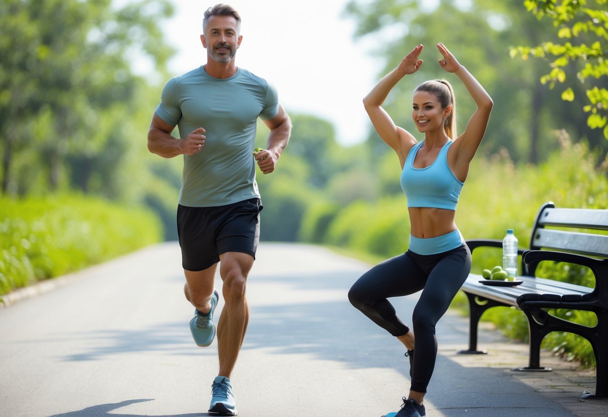 A man jogging and a woman stretching outdoors on a path surrounded by greenery with water bottles and healthy snacks nearby.