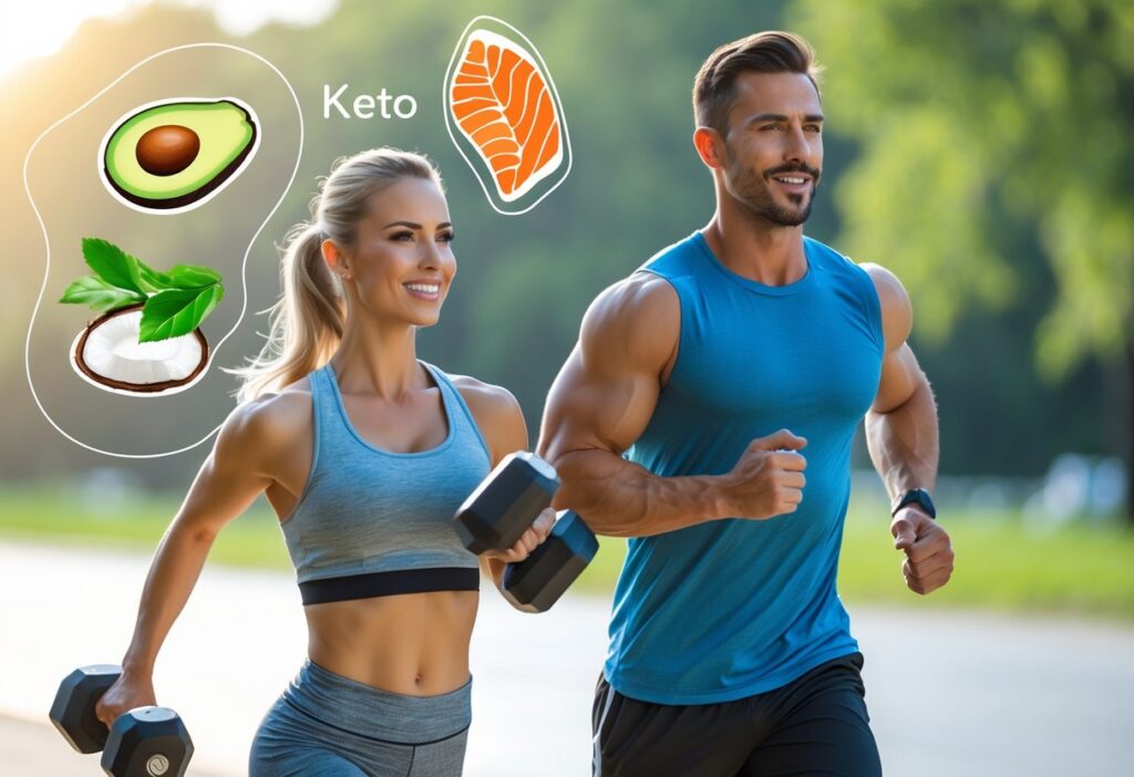 A fit man and woman in workout gear jogging or lifting dumbbells outdoors with a subtle keto-themed overlay (e.g., avocado, salmon, coconut oil). Clean, modern, high-energy, bright daylight, soft focus on background. Ideal for a fitness & nutrition blog.