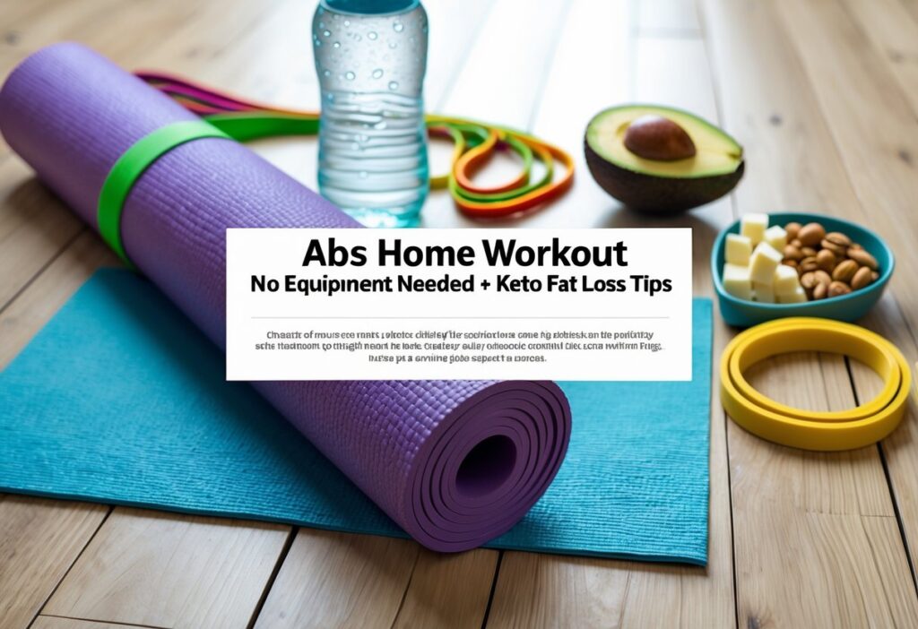 Flat lay of a yoga mat with a water bottle, resistance bands, and a healthy keto snack on a wooden floor. Overlay text: “Abs Home Workout – No Equipment Needed + Keto Fat Loss Tips”. Bright, motivating atmosphere.