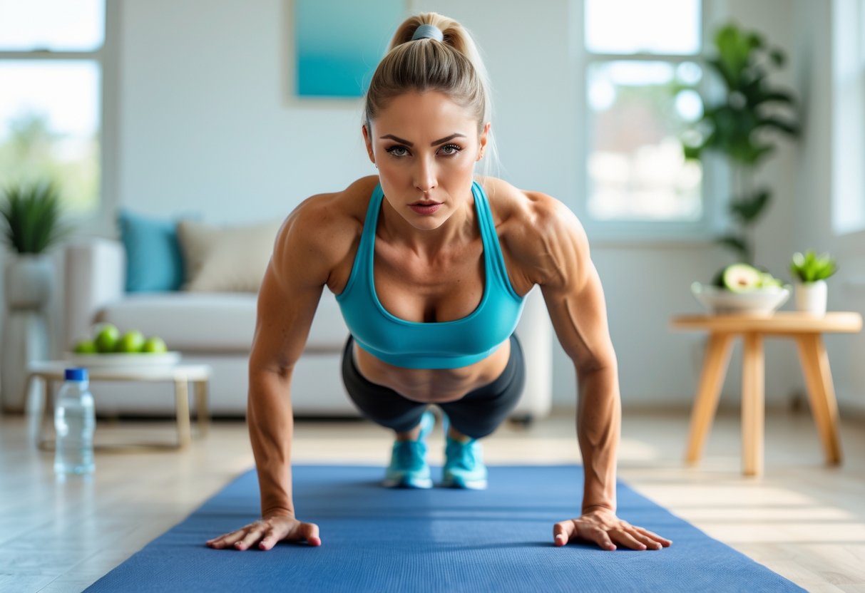 A young woman doing chest home workout, push-up, on a yoga mat in a bright living room with a table holding keto-friendly foods nearby.