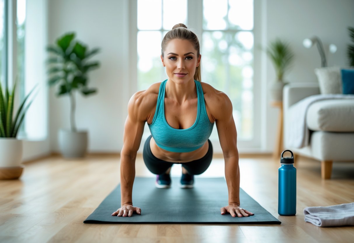 A young woman doing push-ups on a yoga mat in a bright living room.