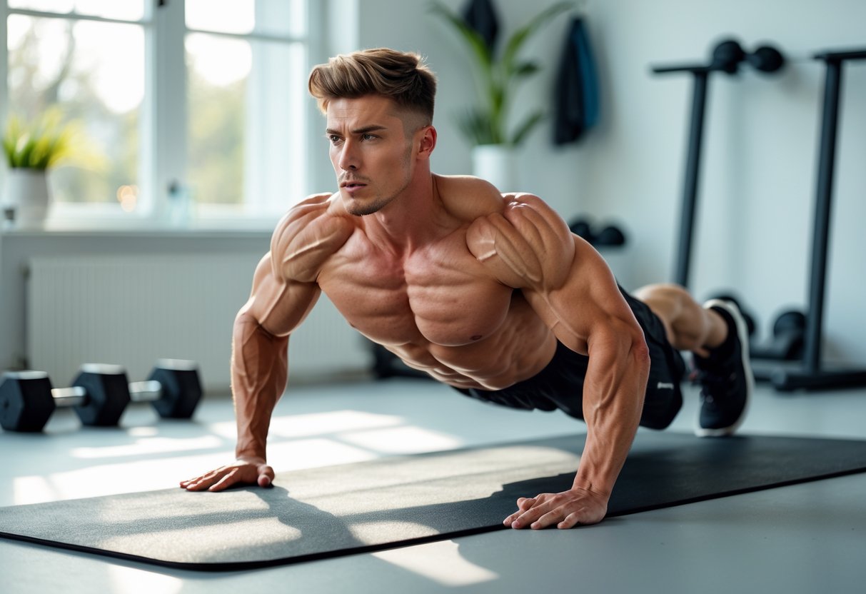 A fit young man doing push-ups in a bright home gym, focusing on chest muscles without equipment.