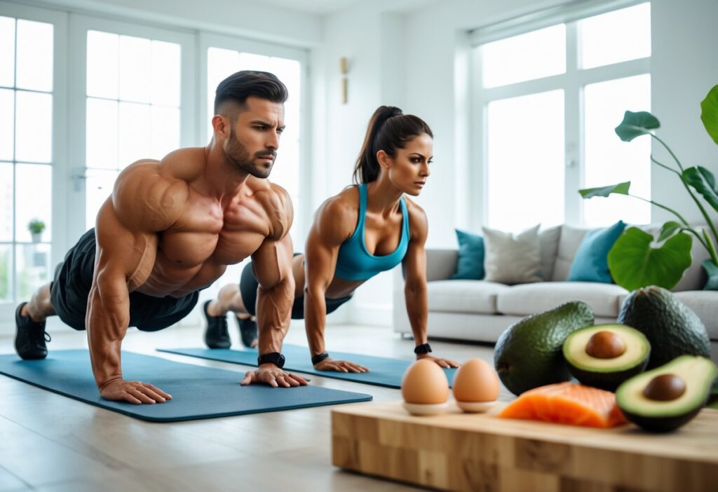 A strong, toned man and woman doing push-ups at home on a yoga mat in a modern, bright living room. Emphasis on chest muscles, natural daylight, and fitness motivation. Include clean, minimalist design with keto-friendly meal items like eggs, avocado, and salmon nearby.