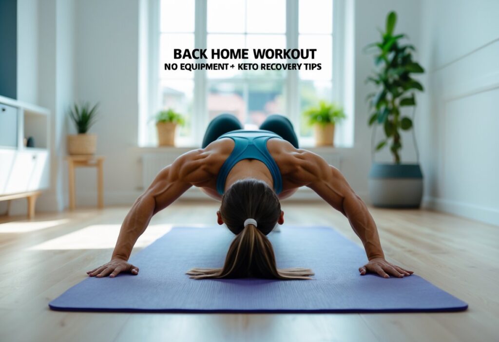 A fit person (male or female) doing a back extension or Superman pose on a yoga mat in a bright home interior. Clear focus on back muscle engagement. Text overlay: “Back Home Workout – No Equipment + Keto Recovery Tips.