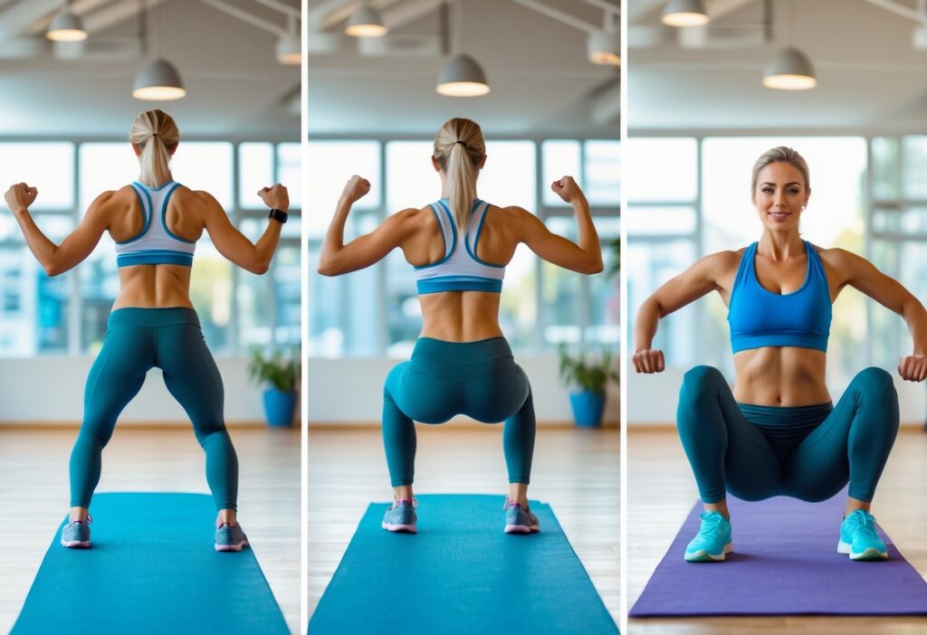 A montage of three panels showing different back home workout exercises: Superman hold, reverse snow angels, and glute bridges being performed by a person in casual fitness wear on a yoga mat. Bright, natural indoor light.