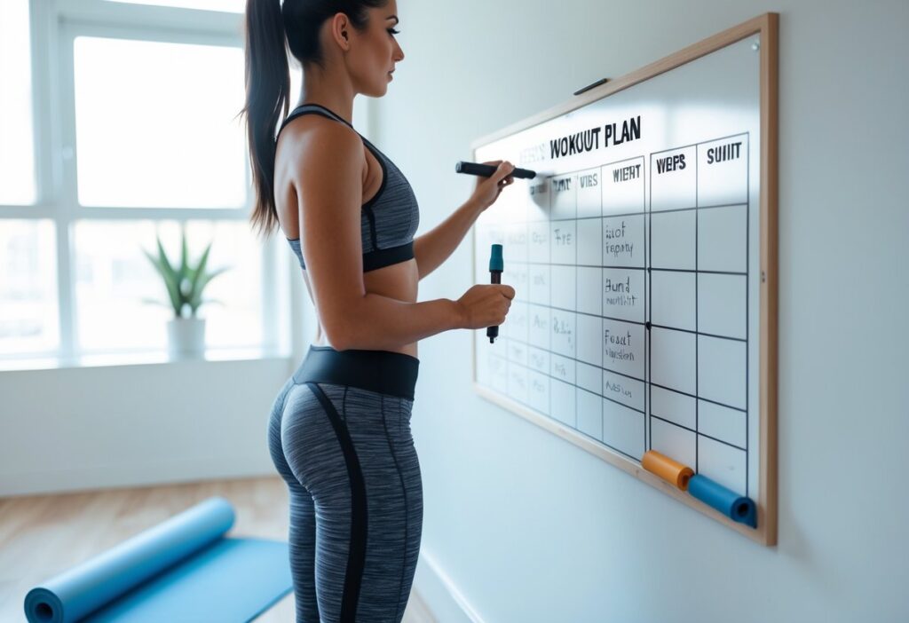 A fitness planner or whiteboard on a wall, with a person in workout clothes writing out a weekly bodyweight workout plan. In the background, a yoga mat and resistance band lie on the floor. Clean, motivational vibe.