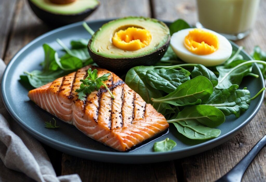 A keto-friendly recovery meal on a wooden table: grilled salmon, avocado, leafy greens, and a boiled egg. Protein shake next to it. Bright, natural lighting and clean, fresh aesthetic.