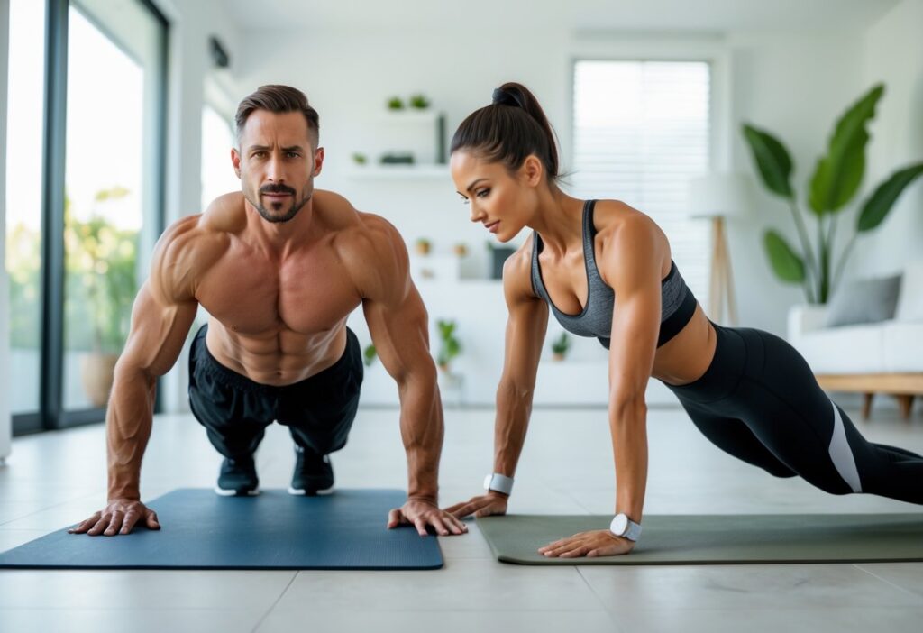 A fit man and woman performing a shoulder-focused bodyweight workout at home on a yoga mat, showing pike push-ups and shoulder taps, with a bright and modern home background, natural light, minimal decor. Energetic, clean, health-focused vibe.