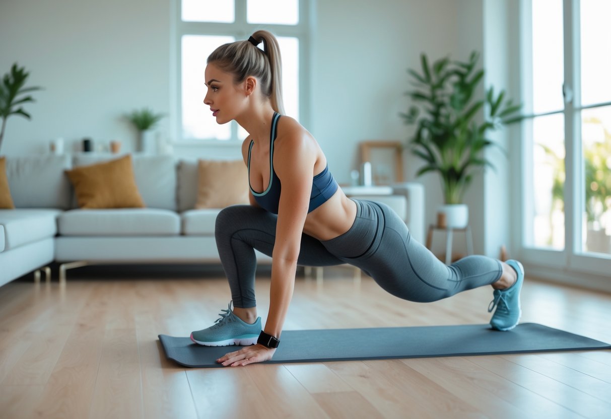 A woman doing a glute workout on a yoga mat in a bright living room.