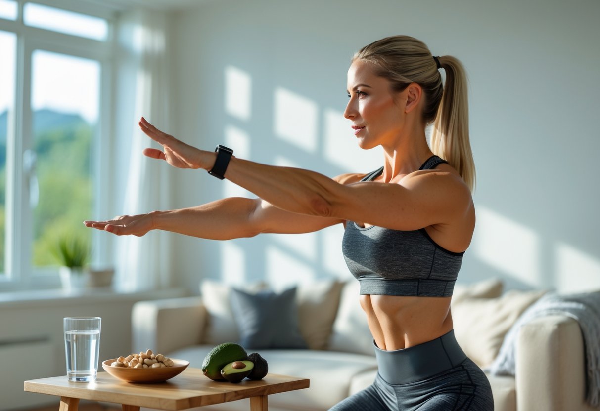 A woman doing an arm workout at home without weights, with a table holding keto-friendly foods nearby.