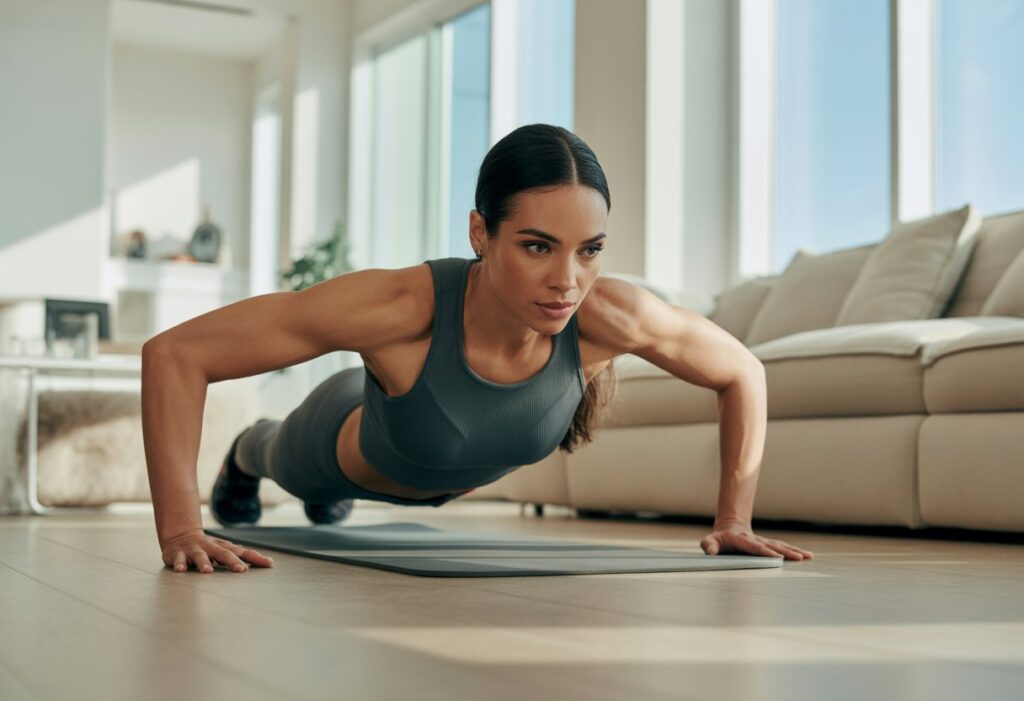 A fit woman doing bodyweight arm exercises (e.g., triceps dips or push-ups) in a modern, sunlit home living room. She has defined lean arms, wears activewear (tank top and leggings), and a yoga mat is laid out. Clean, minimalist interior with natural light.
