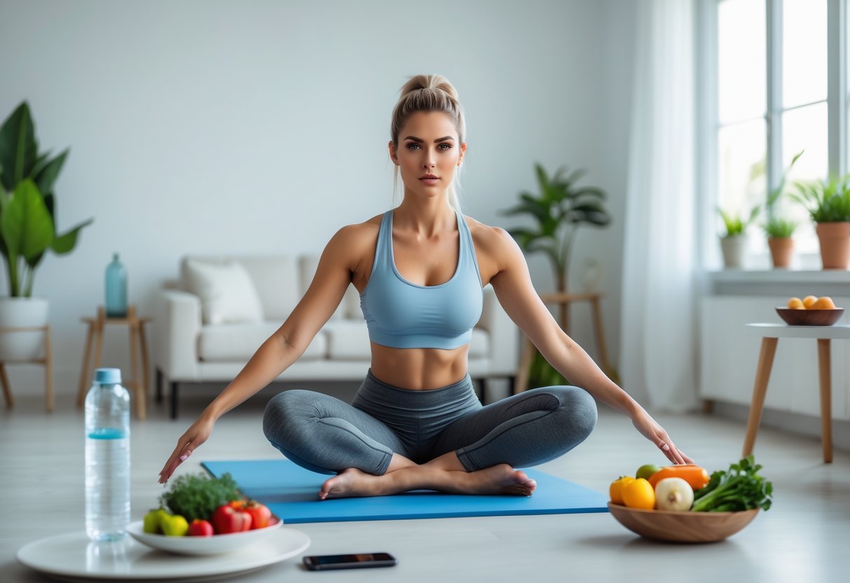 A woman stretching on a yoga mat in a bright living room, preparing for a workout with fresh fruits and a water bottle nearby.