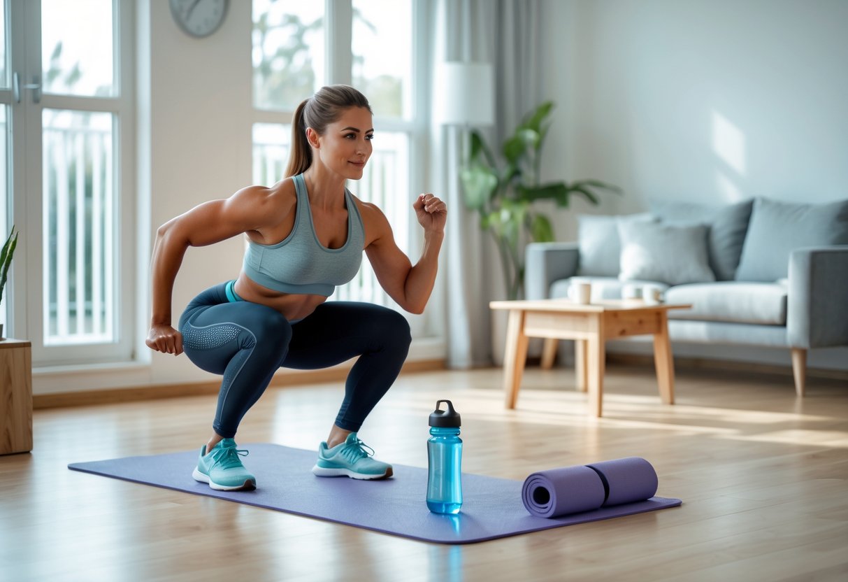 A woman doing a squat exercise in a bright living room with natural light, wearing workout clothes, with a yoga mat and water bottle nearby.