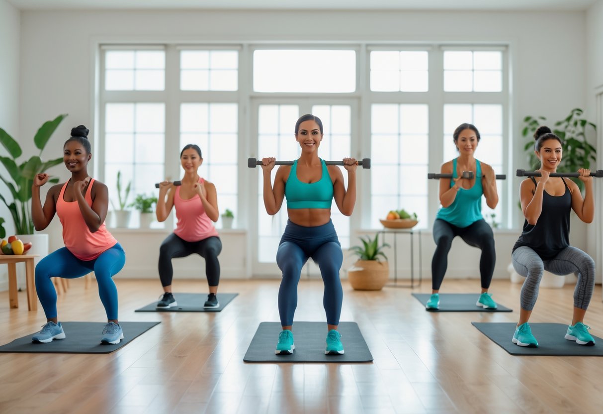 A diverse group of people exercising together at home in a bright living room, performing various bodyweight workouts without equipment.