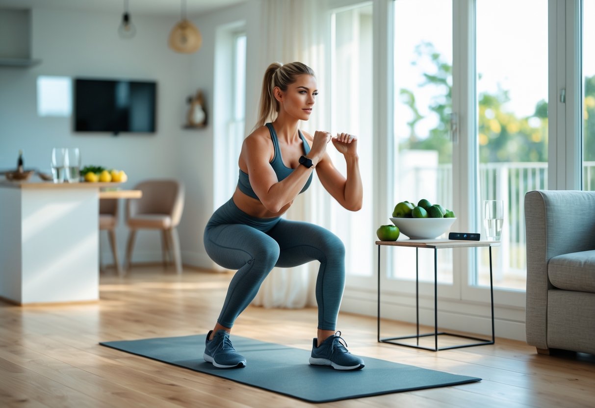A woman doing a bodyweight workout in a bright living room with keto-friendly vegetables and water nearby.