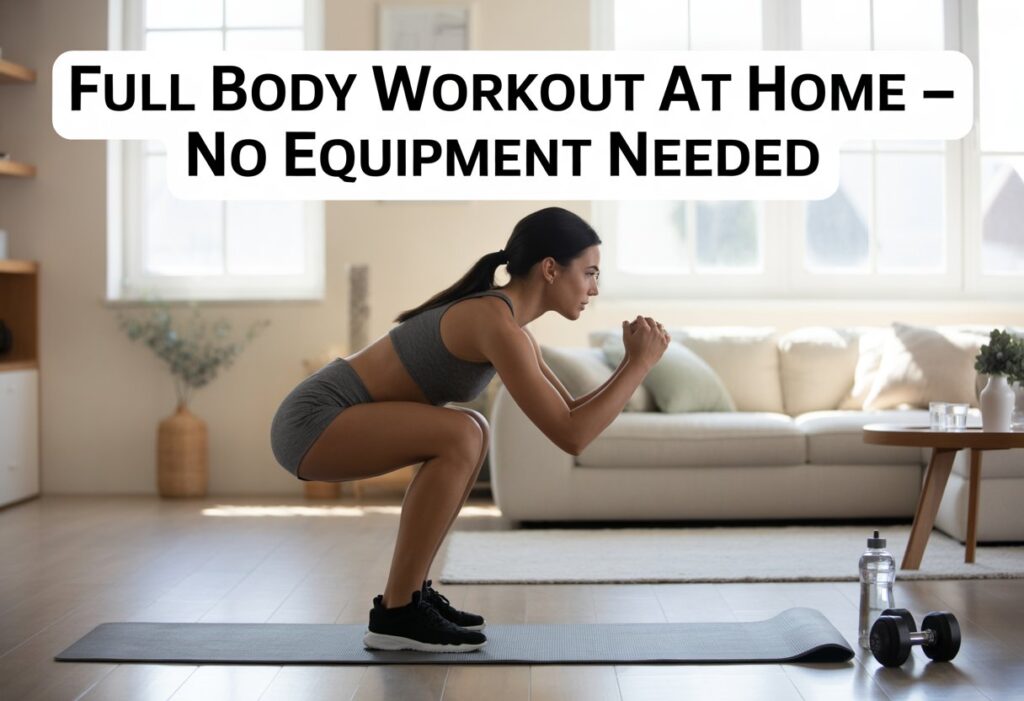 A determined woman in mid-squat inside a modern, bright home living room, with yoga mat, water bottle, and dumbbells on the side. Text overlay: “Full Body Workout at Home – No Equipment Needed”. Soft lighting, fitness-focused aesthetic
