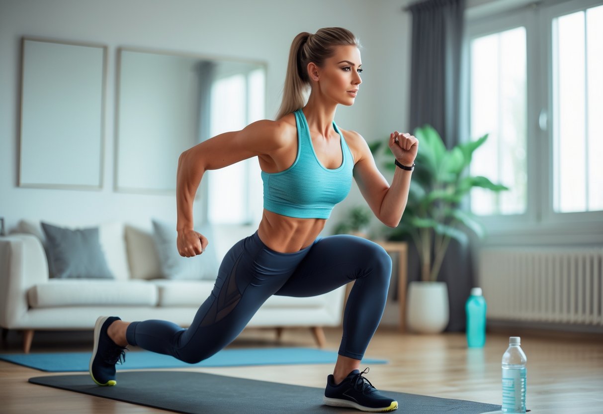 A fit woman performing a high-intensity workout in a bright living room, demonstrating proper exercise form without equipment.