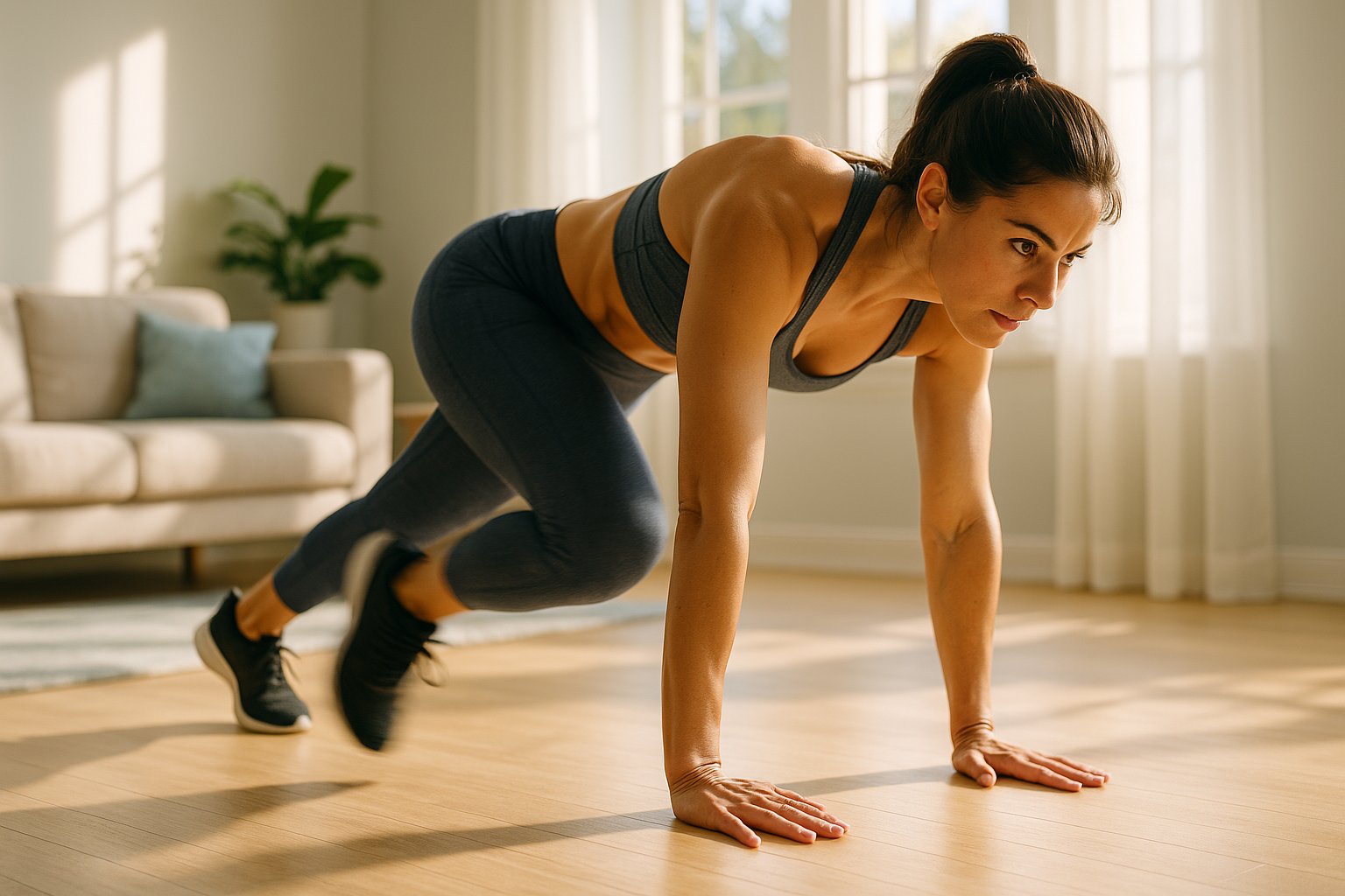A fit woman performing HIIT exercises at home (like mountain climbers or squat jumps) in a bright living room, no equipment, wearing athletic clothes, looking focused. Include dynamic motion blur or intensity, with sunlight streaming through the window. Style: Realistic fitness lifestyle photography.