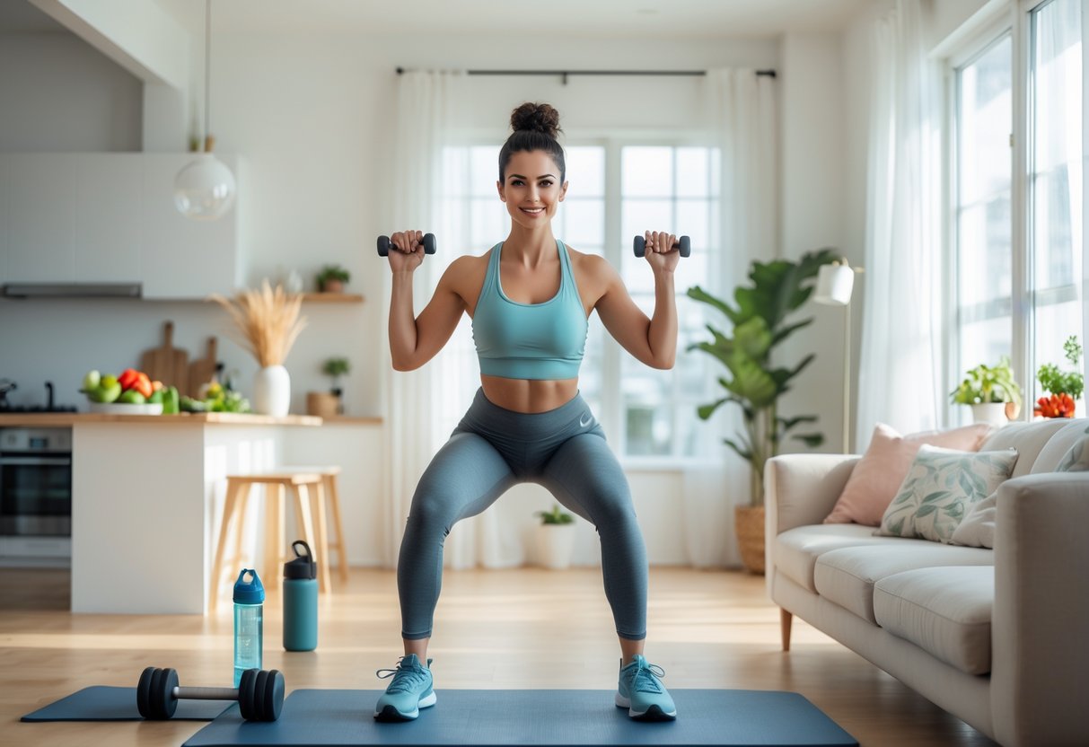 A person doing a beginner home workout in a bright living room with exercise equipment and a kitchen area in the background.