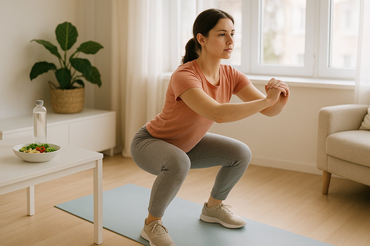 A woman in beginner workout clothes doing bodyweight exercises (squats, lunges, or stretching) in a cozy, bright home. Minimalist setting with yoga mat, natural light, casual but focused vibe. Include subtle health-focused design elements like water bottle or clean meal in background. Style: Realistic wellness lifestyle photography.