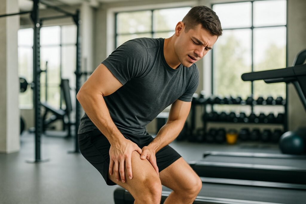 A young man in workout clothes massaging his sore thigh in a bright gym surrounded by exercise equipment.