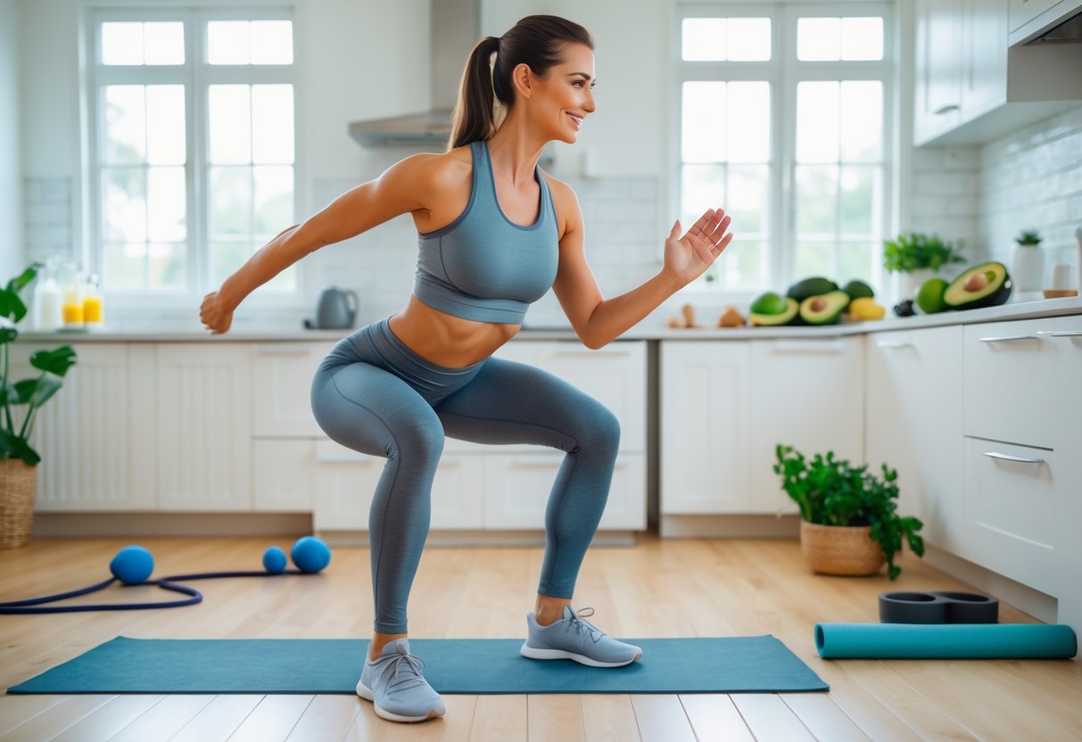 A woman doing a low-impact home workout in a bright room with keto-friendly foods on the kitchen counter behind her.