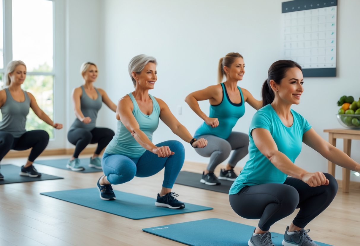 Adults doing low-impact home workouts in a bright room, performing gentle exercises without equipment, with healthy food and fitness trackers nearby.