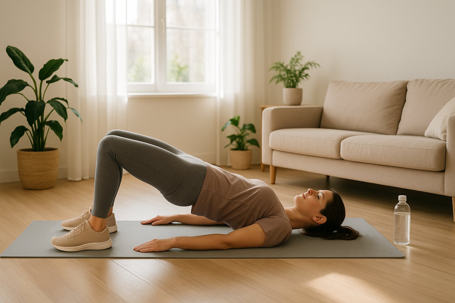 A woman in her 30s doing low-impact exercises like side steps or glute bridges in a bright, clean living room. She’s using a yoga mat, wearing casual activewear. Indoor plants, water bottle, and no gym equipment visible. Natural morning light.